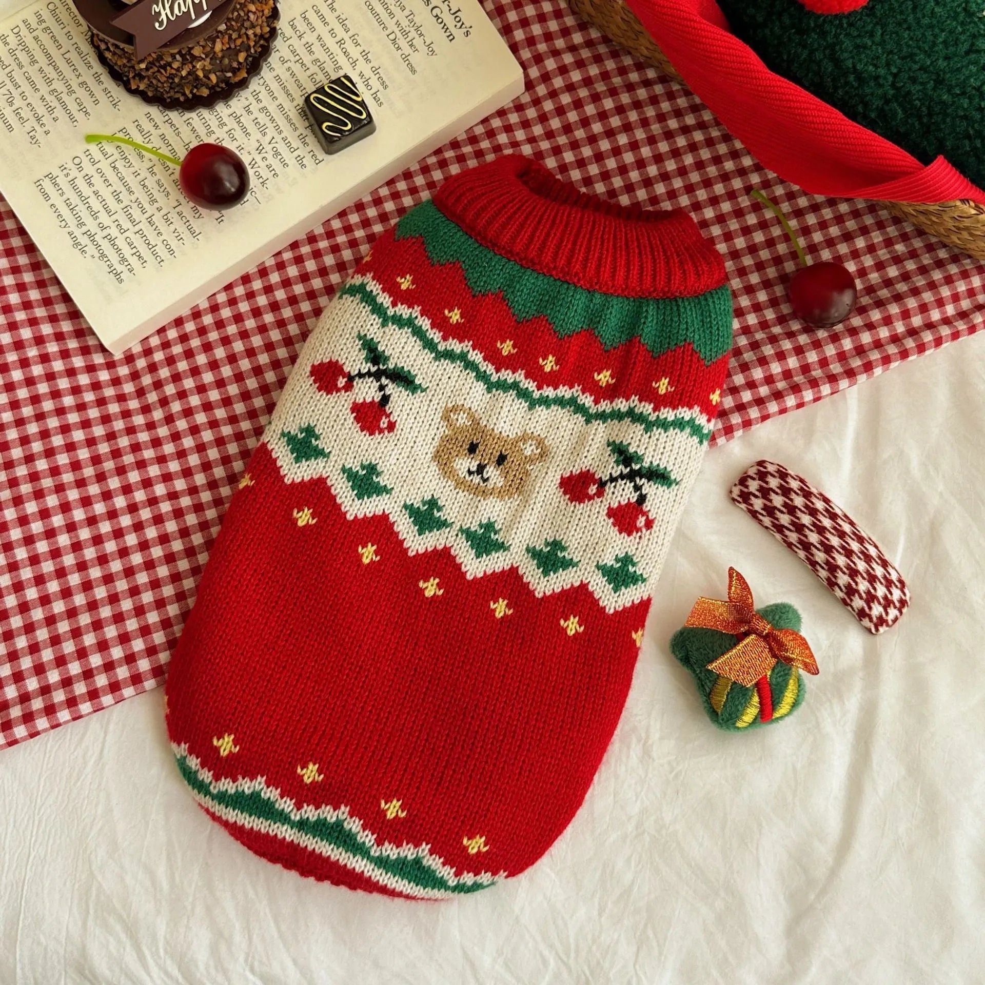 Christmas red cherry polyester pet sweater for small dogs and cats