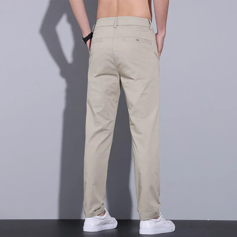Men's straight slim fit cotton business casual trousers in light khaki
