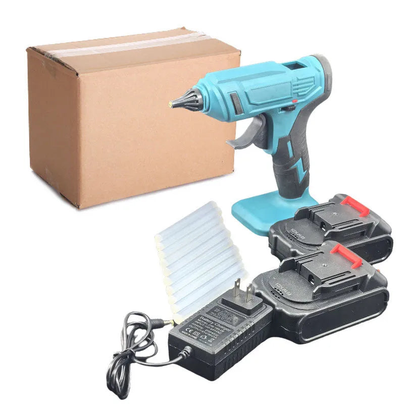 Bare metal rechargeable lithium hot melt glue gun with two batteries and 11mm glue sticks