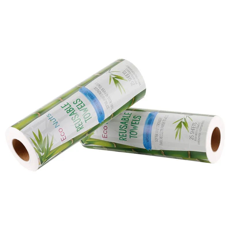 Reusable bamboo kitchen paper towel roll on countertop, absorbent and washable cloth alternative to disposable towels
