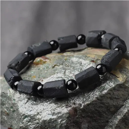 Natural black tourmaline rough stone bracelet unisex 10mm beads Seiko treatment