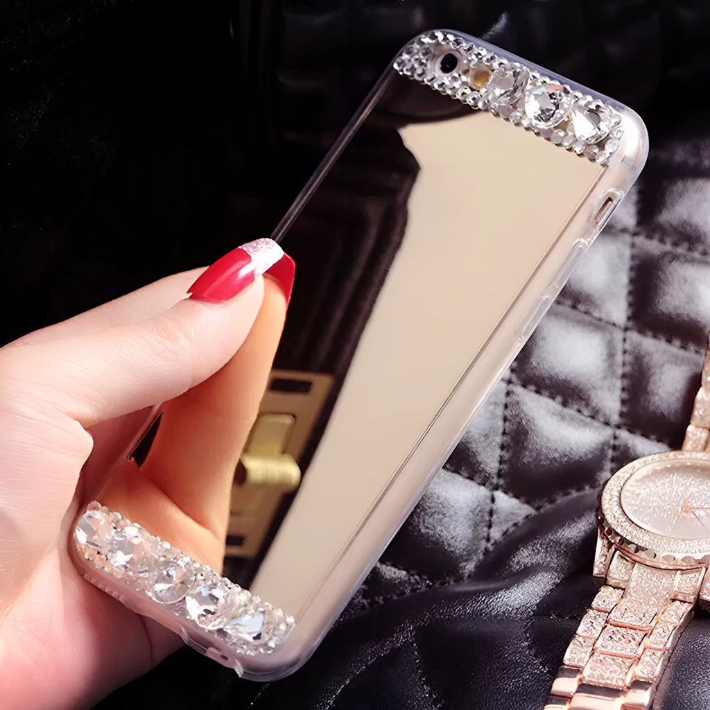 Rhinestone decorated silicone mobile phone case for Huawei and Honor phones in metallic colours