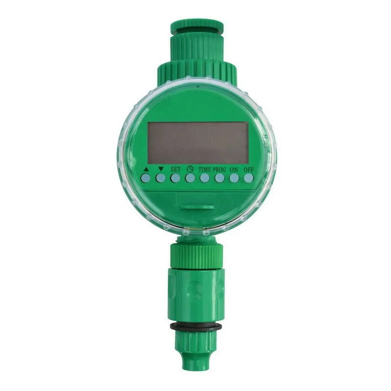 Green automatic watering timer for drip irrigation, household water flow, compact outdoor design