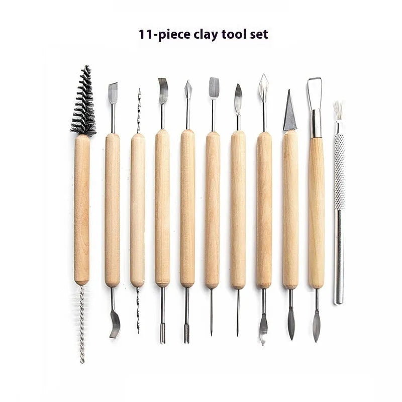 11-piece clay tools set with wooden handles and stainless steel tips displayed on a surface with a blue storage bag