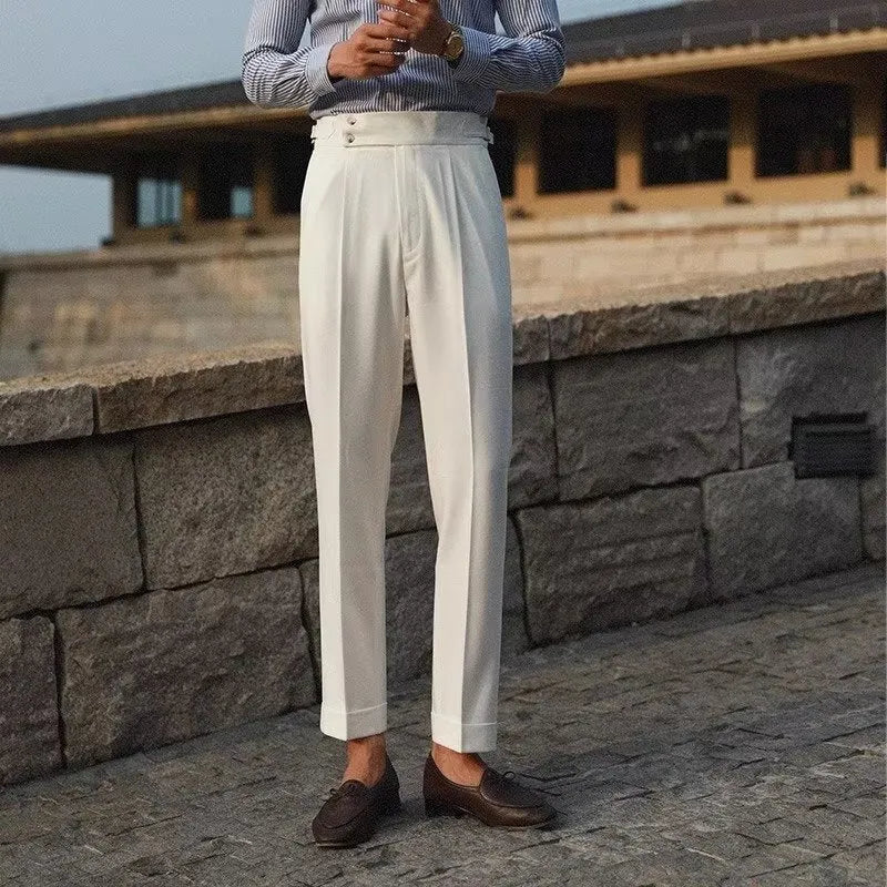 Men's slim fit suit trousers in polyester blend fabric showing straight leg design