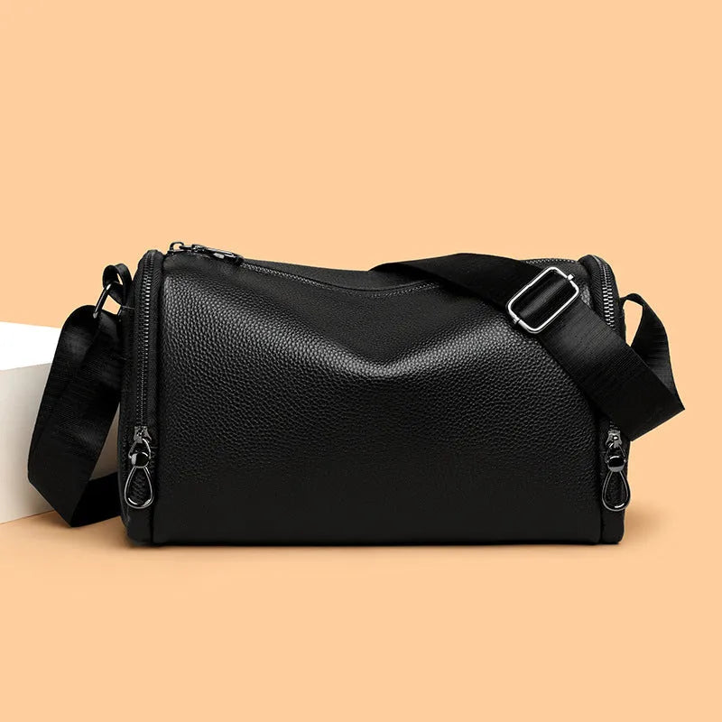 Genuine leather crossbody bag for men, black, with stitching detail and large capacity for business travel