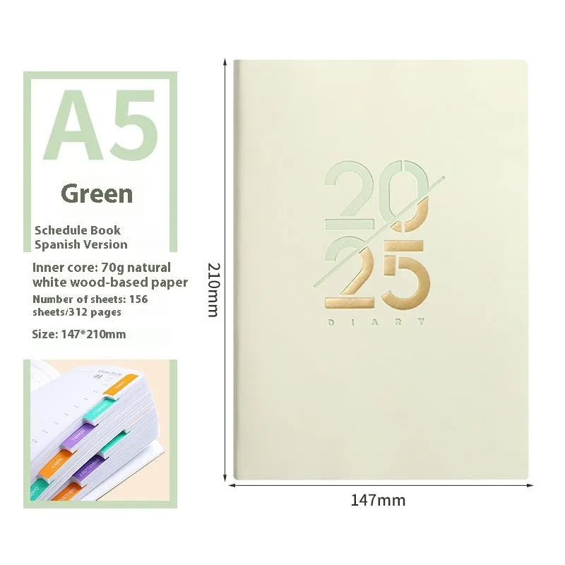 2025 A5 daily plan schedule book with soft faux leather cover in blue, pink, yellow, purple and green