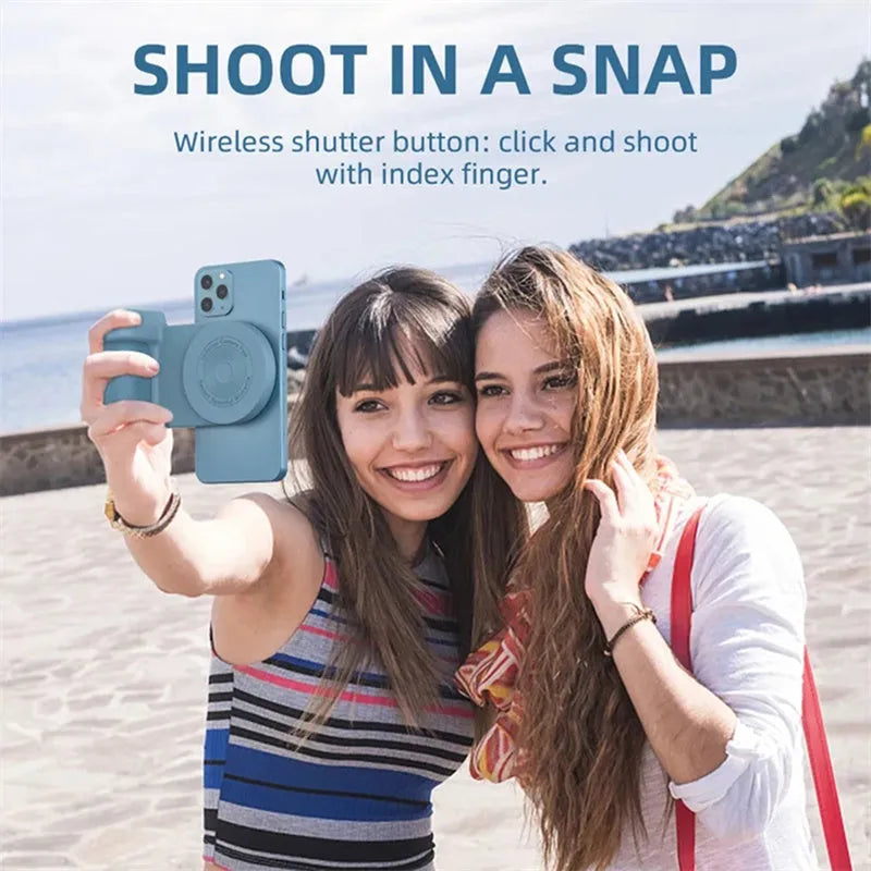 3-in-1 magnetic anti-shake phone holder camera bracket with ergonomic handle, rotatable axis, and compact 11.2cm size