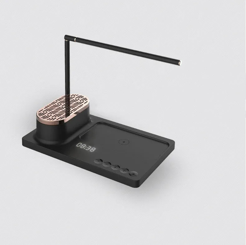 Wireless Bluetooth sound desk lamp in white, aluminium alloy and ABS, side view showing USB port