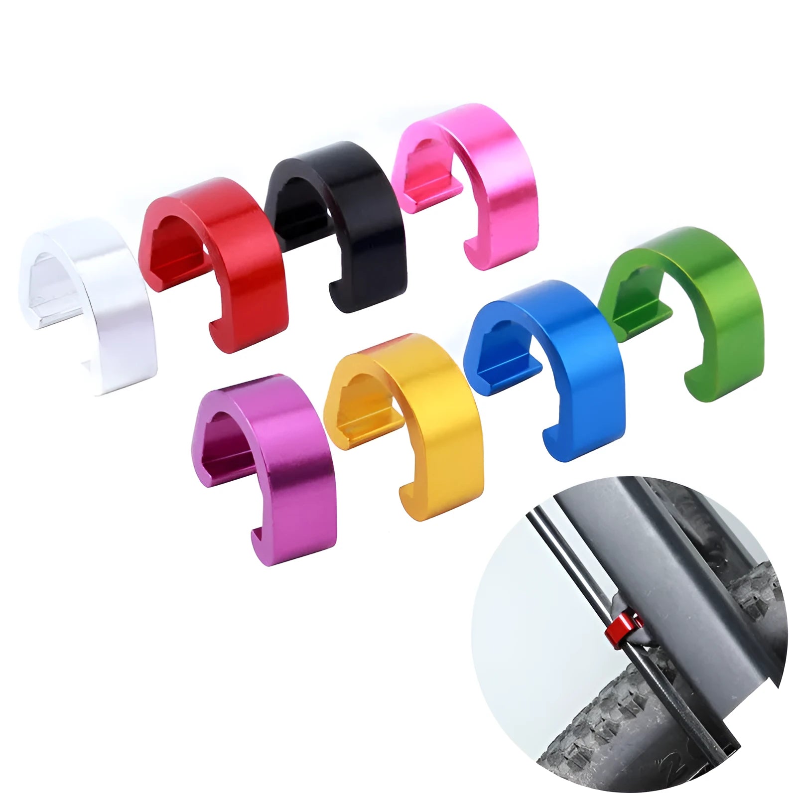 Pack of ten small aluminium alloy C-shaped buckles in assorted metallic colours on a white background.