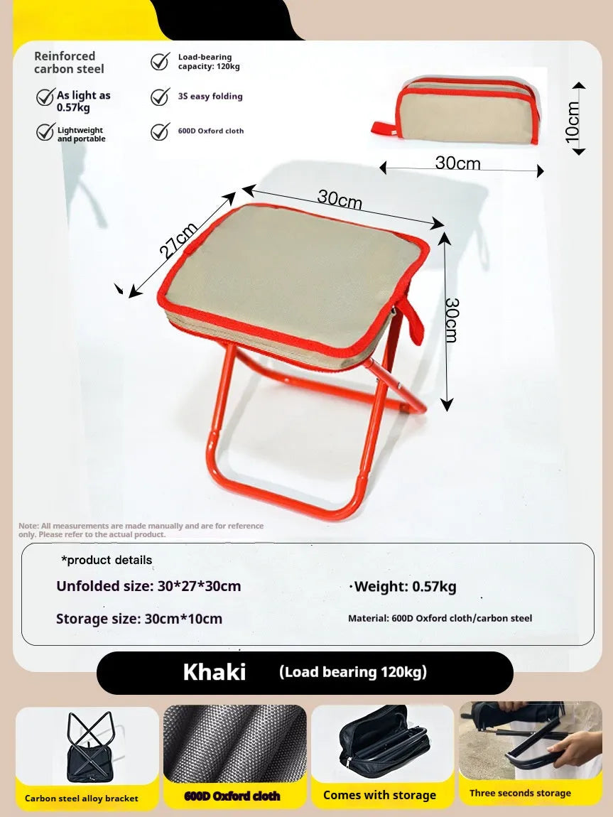 Outdoor foldable camp stool in Oxford cloth showing compact folded design