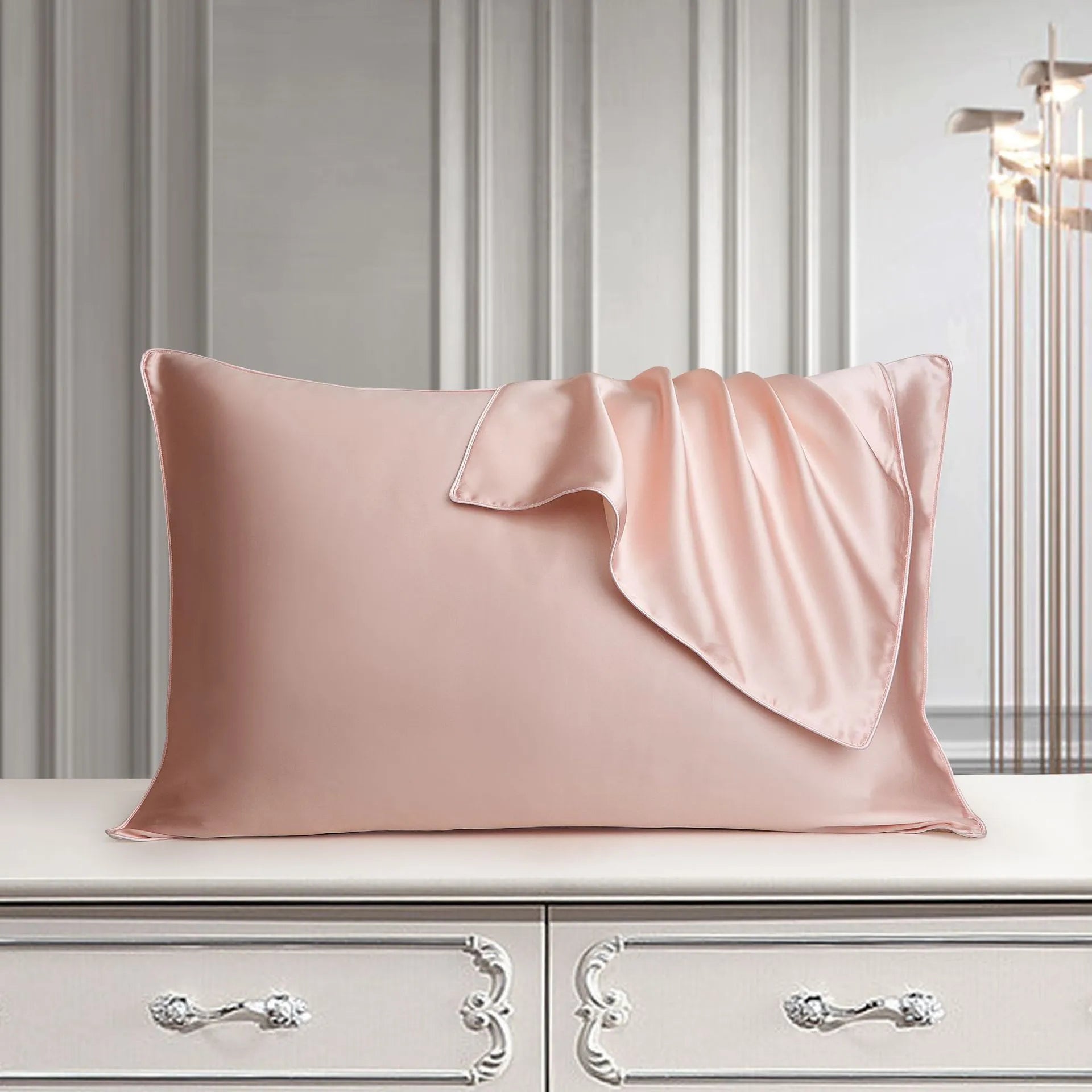 100% mulberry silk pillowcase 48x74cm palace luxury style with inlaid rope edge in champagne gold