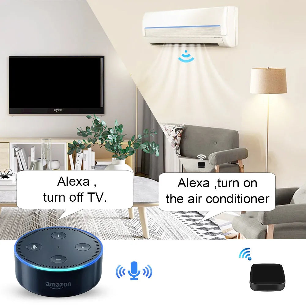 Black voice control universal infrared remote control with WiFi connectivity.