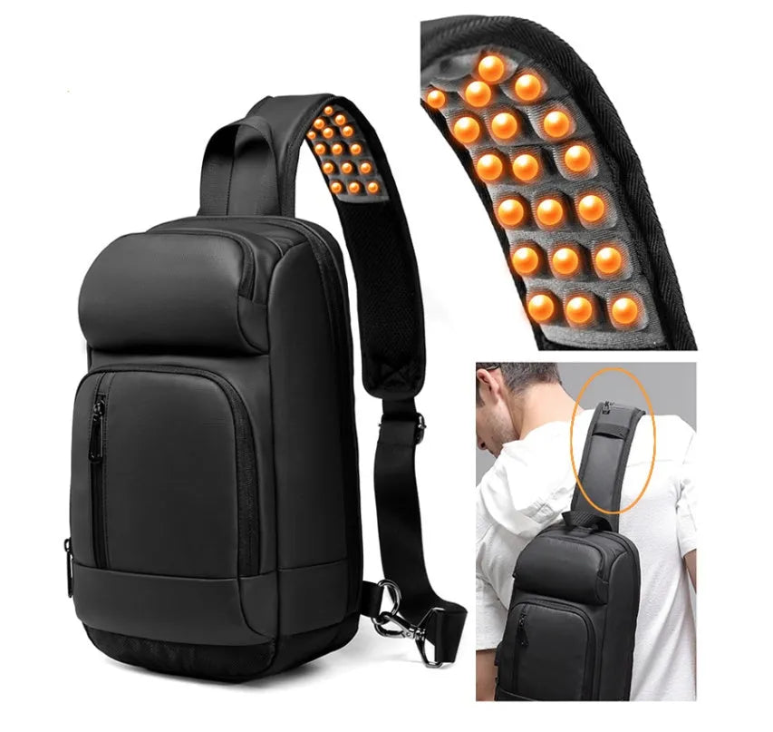 Black PVC outdoor shoulder bag showing computer pocket, air cushion strap, and square vertical design