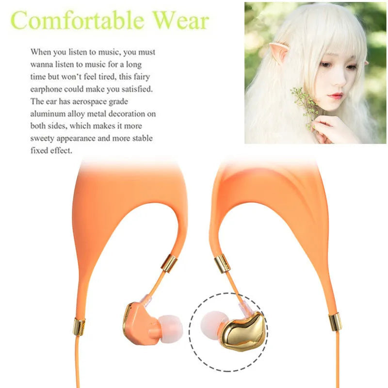 Cute cartoon elf-ear in-ear headphones with 3.5mm wired mic for cosplay