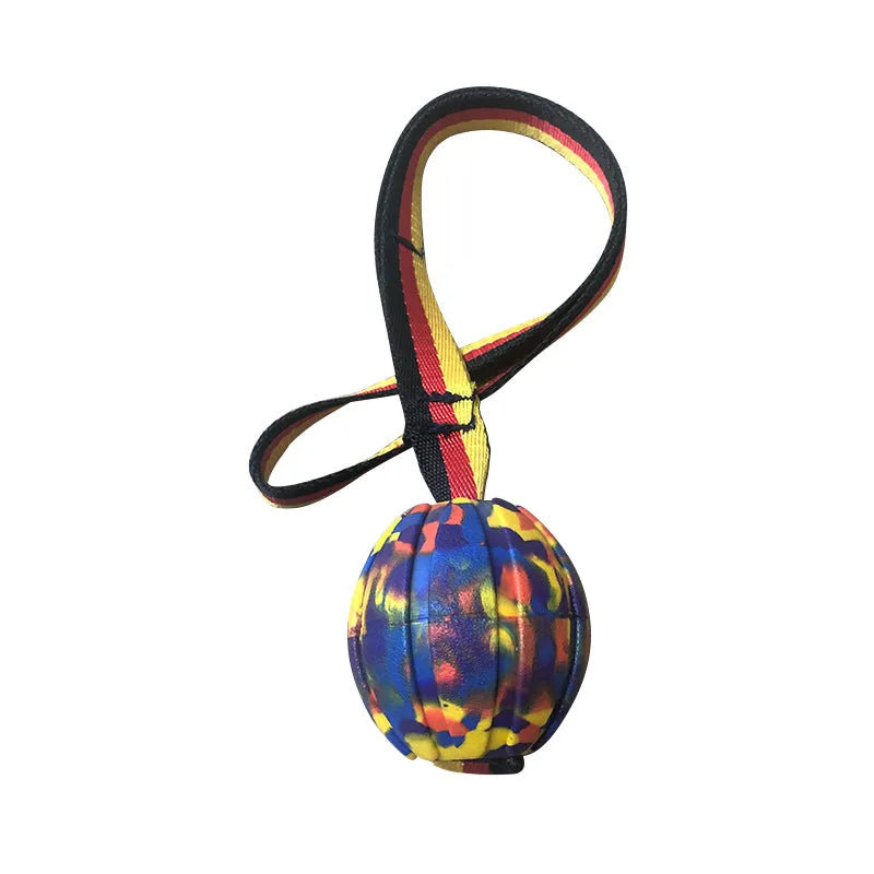 Floating EVA water training ball for dogs in camouflage and yellow colours showing different size options