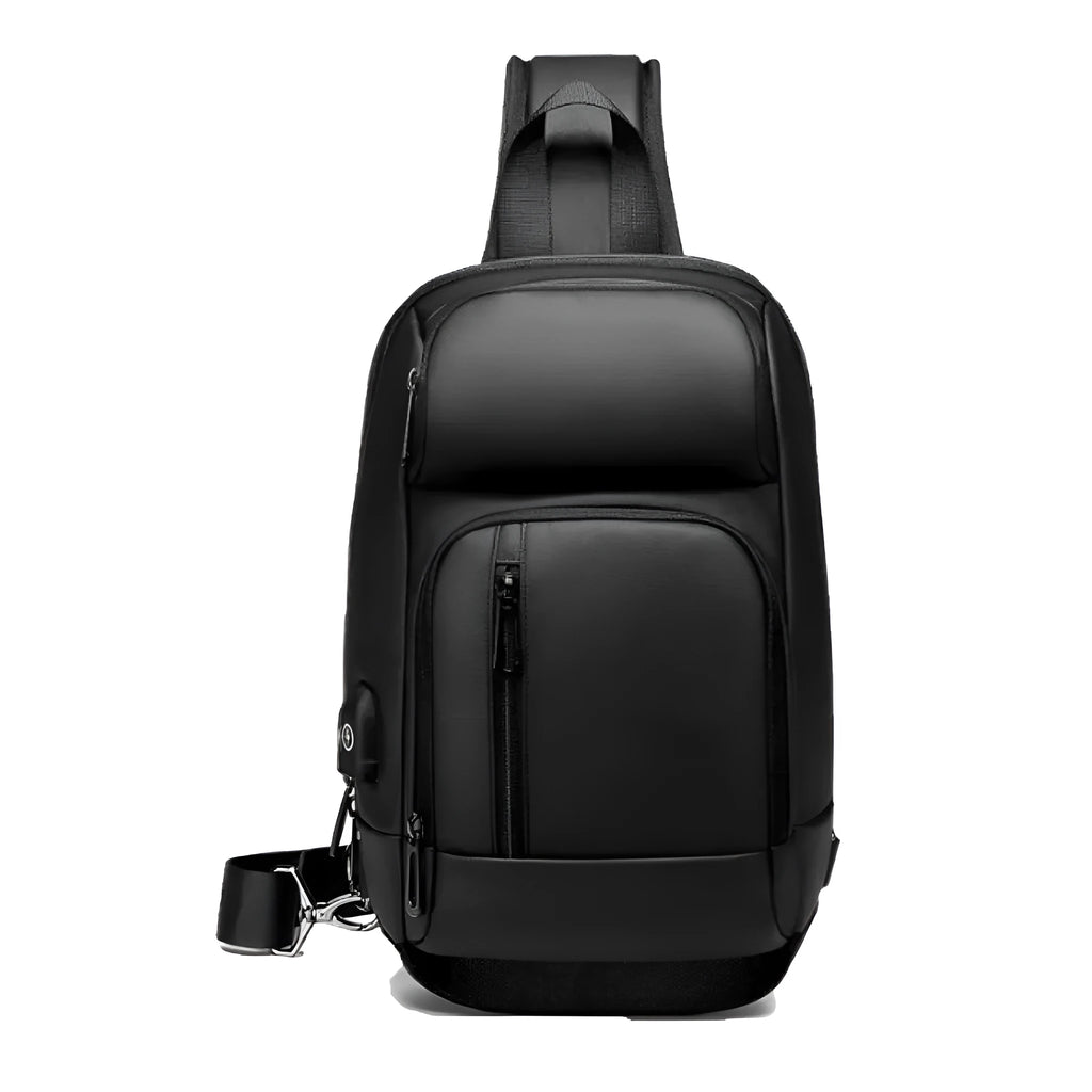 Black PVC outdoor shoulder bag showing computer pocket, air cushion strap, and square vertical design