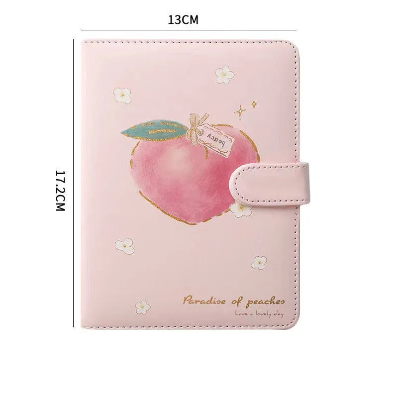 A5 hardcover student notebook with imitation leather cover in Peach Talk Feast design, wired binding, open flat