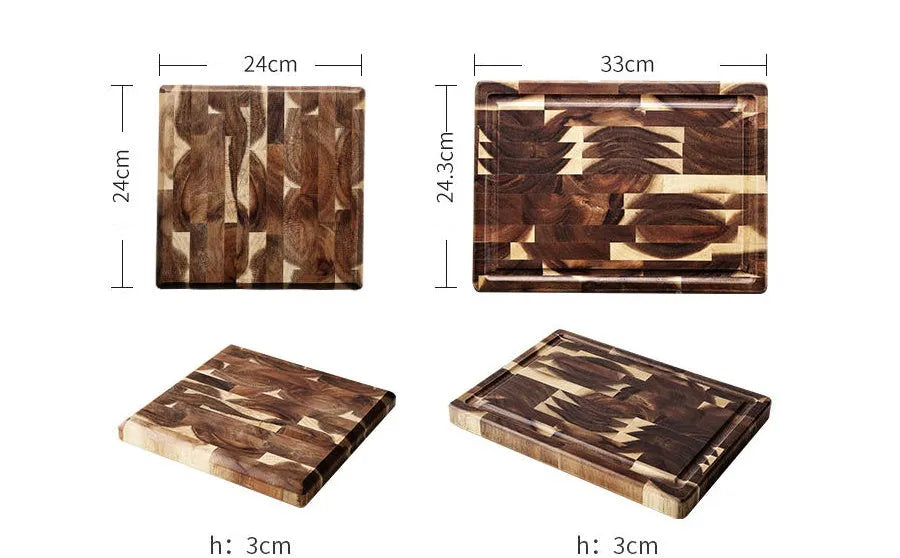 Brown parquet solid wood cutting board made from imported acacia, 3cm thick, on kitchen counter