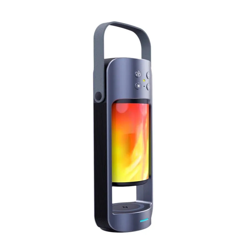 Portable Alpha Flame Light Bluetooth speaker with realistic dancing flame effect and wireless charging function in blue