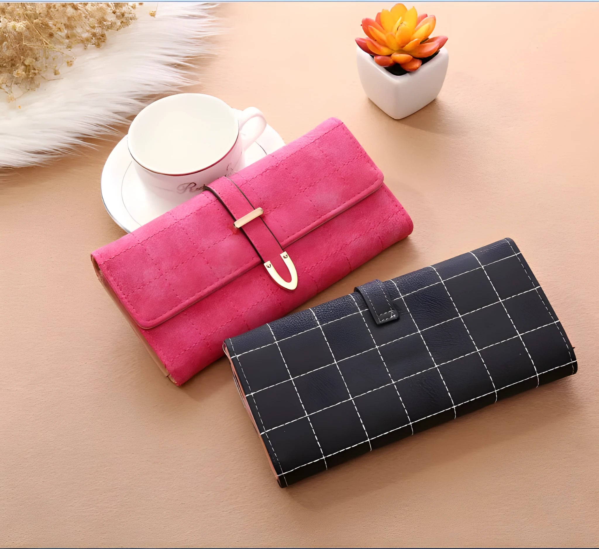 Frosted Lingge long wallet in PU leather with magnetic buckle and diamond pattern, 19.5x9.5cm