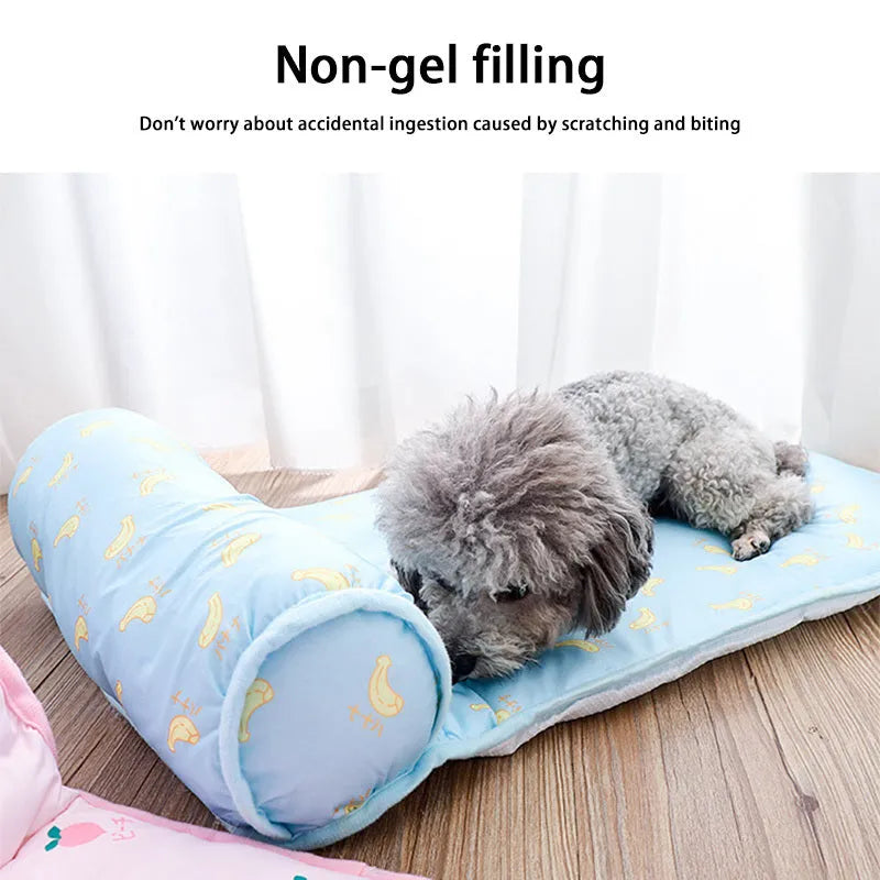 Blue cooling dog mat on floor with small dog lying on it, breathable ice silk cotton surface