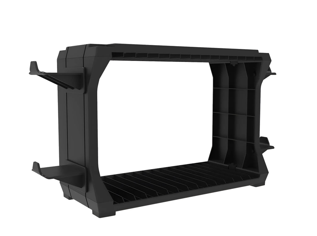 Black PS5 and Xbox Series X disc holder with game cartridge slots and controller stand