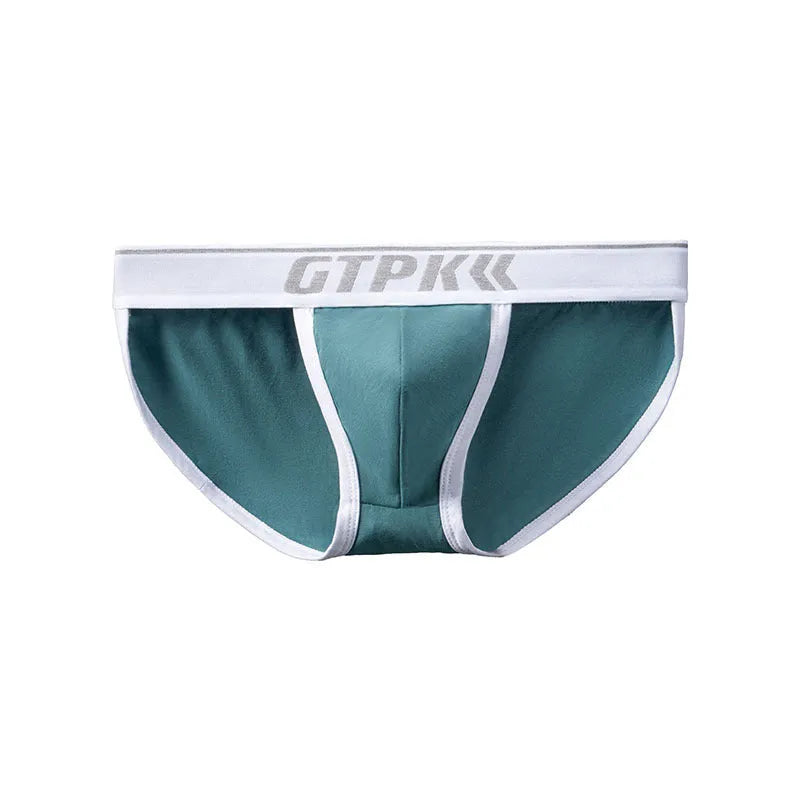 Men's low waist cotton high fork briefs in solid colour, front view, showing leg cut and waistband