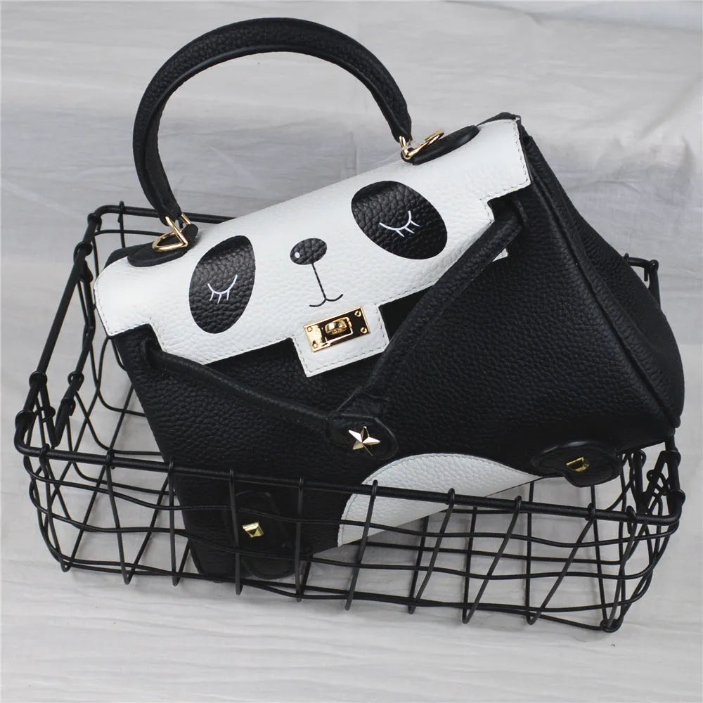 Panda print cowhide leather handbag in horizontal square shape, sweet lady style, shown in two size options.