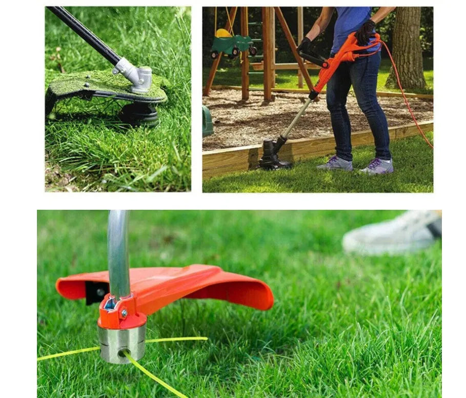 Silver aluminium lawn mower trimmer head replacement kit with four light yellow grass strings and fitting wrench