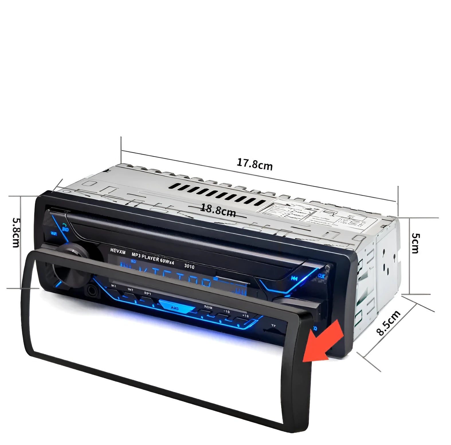 Single-DIN car stereo with LCD display, rotary volume knob, USB port, and buttons for Bluetooth and radio