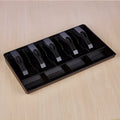 Black ABS plastic five-drawer cash box with coin and note compartments, 40 cm wide