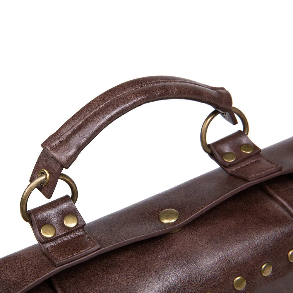 Bronze steampunk industrial retro shoulder bag with metal hardware on horizontal pillow shape