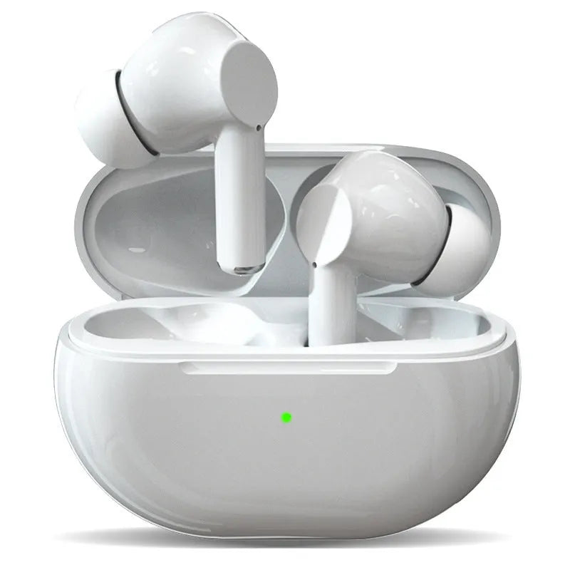 Pro4 black and white Bluetooth 5.0 earbuds with charging case on a white background.