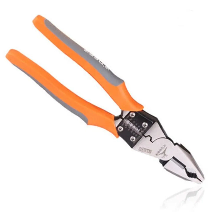 Orange multi-function wire cutter pliers with chrome steel head and textured black PVC handles on a workbench.