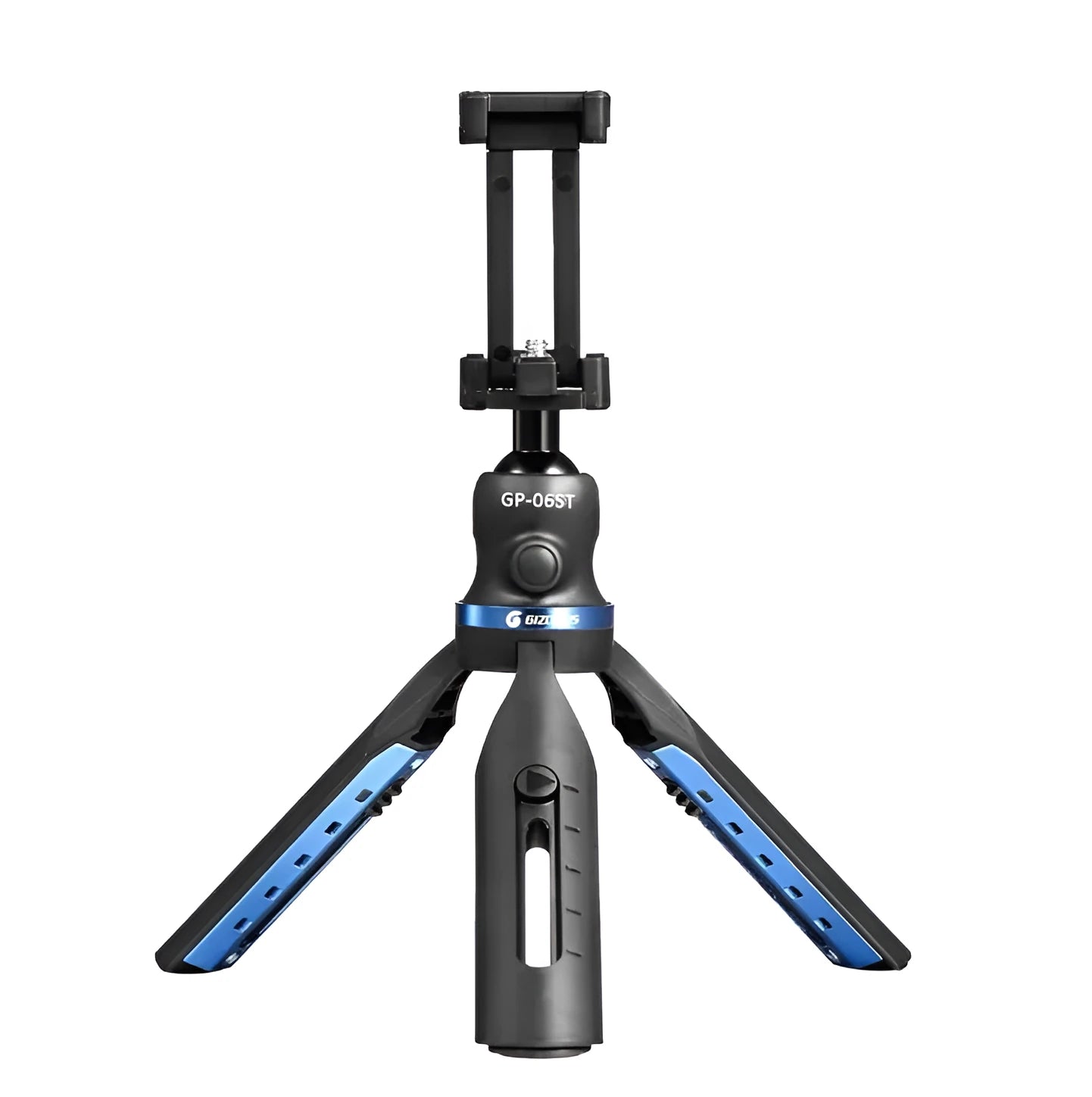 Black desktop phone tripod stand compatible with iPhone models on a desk