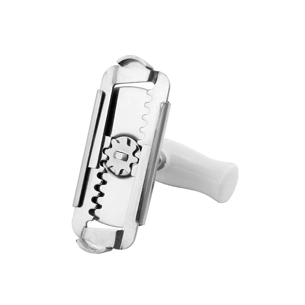 Stainless steel manual adjustable bottle opener with white PP handle and gear mechanism