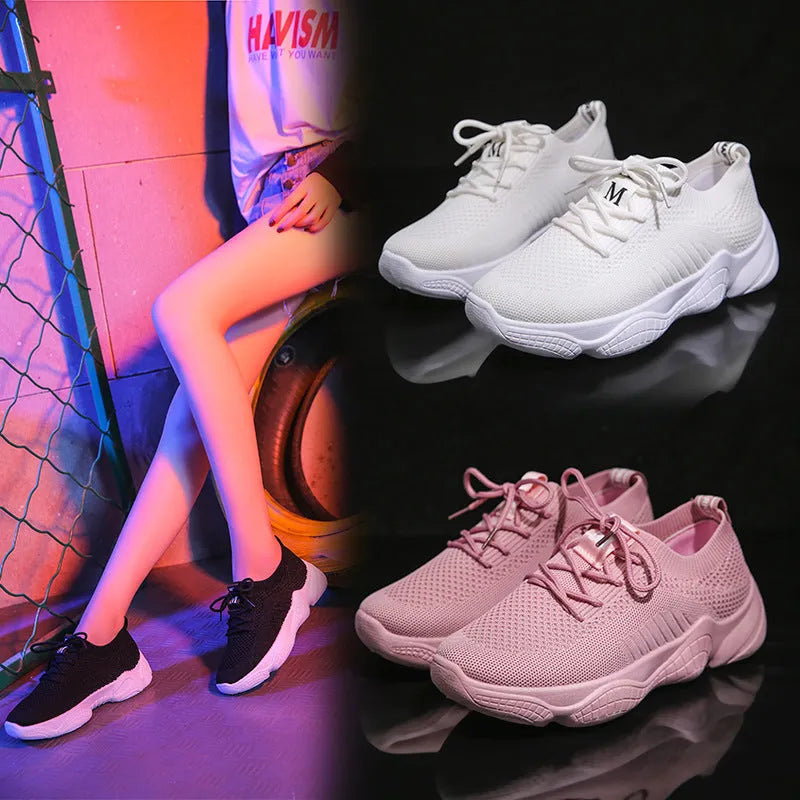 Women's white flying woven sports shoes with thick rubber soles and front strap design