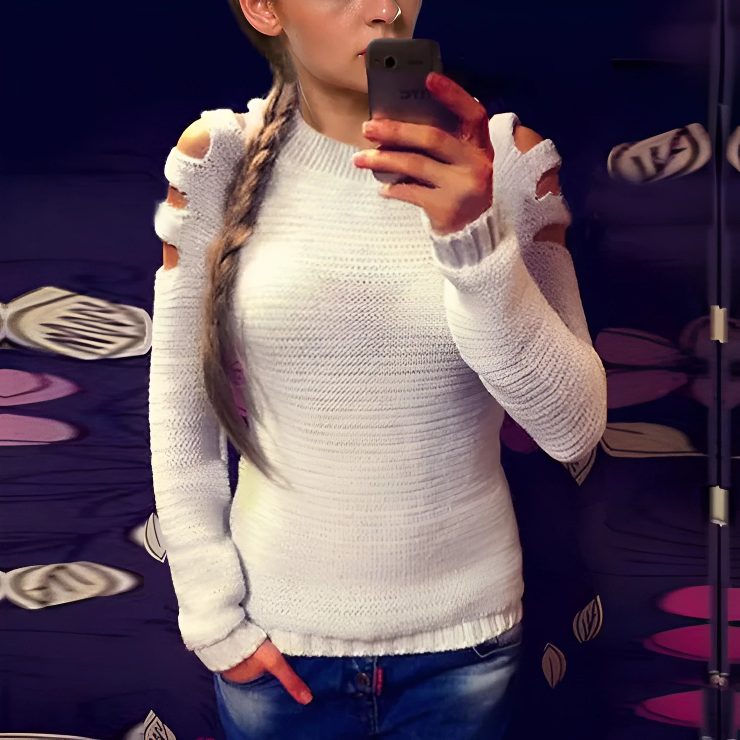 Women's grey crochet knit shirt with hollow-out detail on sleeves and body, round neck, long sleeves