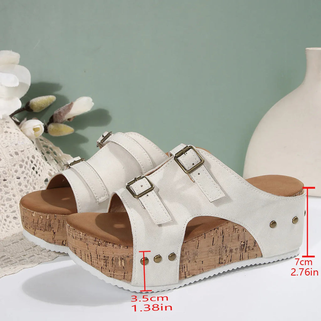 Women's PU platform beach sandals in fish mouth scaffold shape, available in navy blue, brown, white, and black, European sizes 35-43