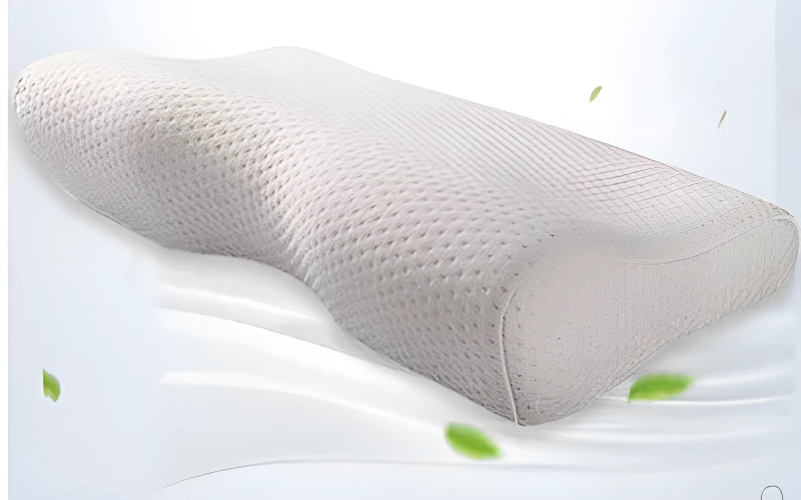 Cervical pillow with memory cotton and butterfly shape in blue, 50x30cm size, on a bed