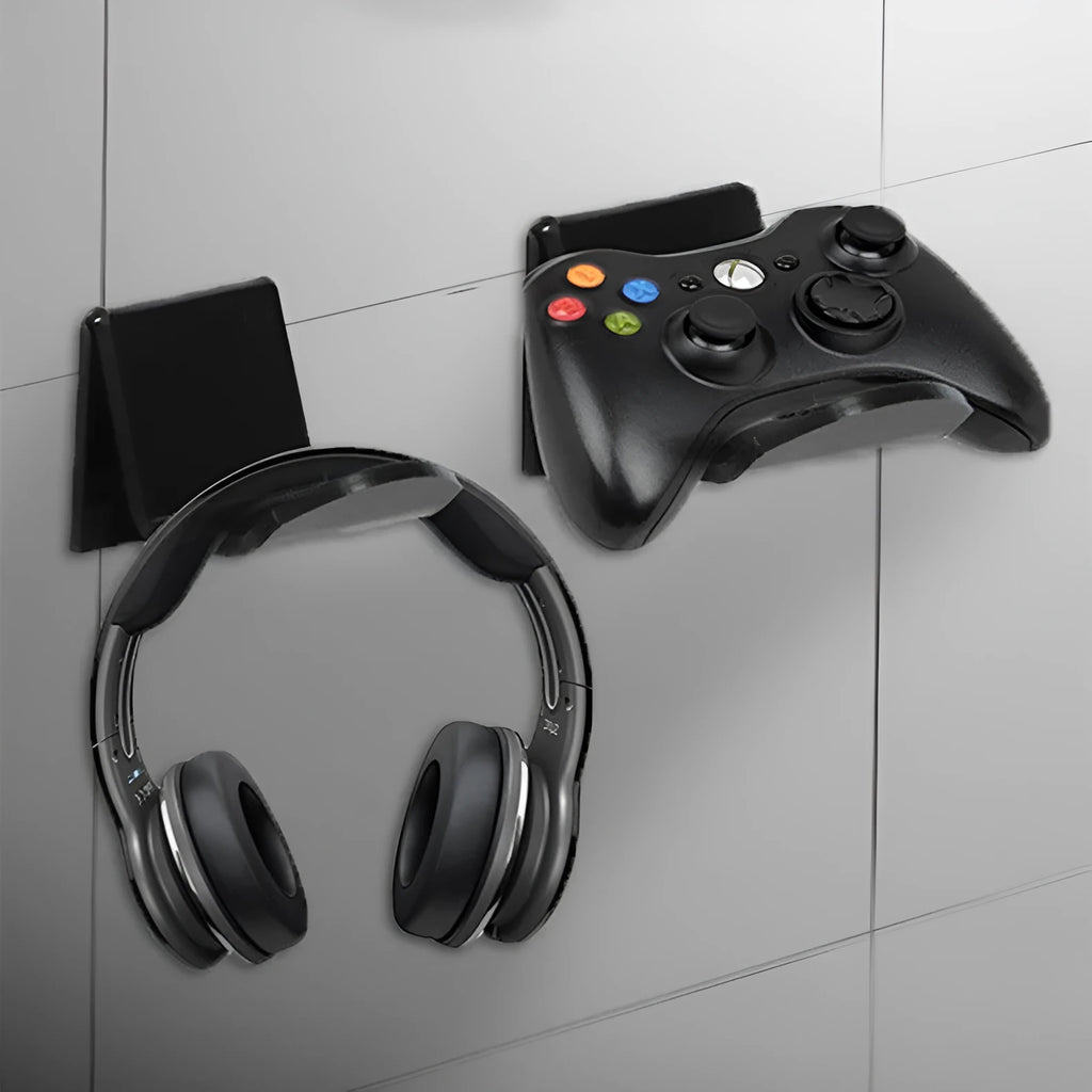 Universal game controller wall mount bracket holding PS5 DualSense controller in black plastic finish
