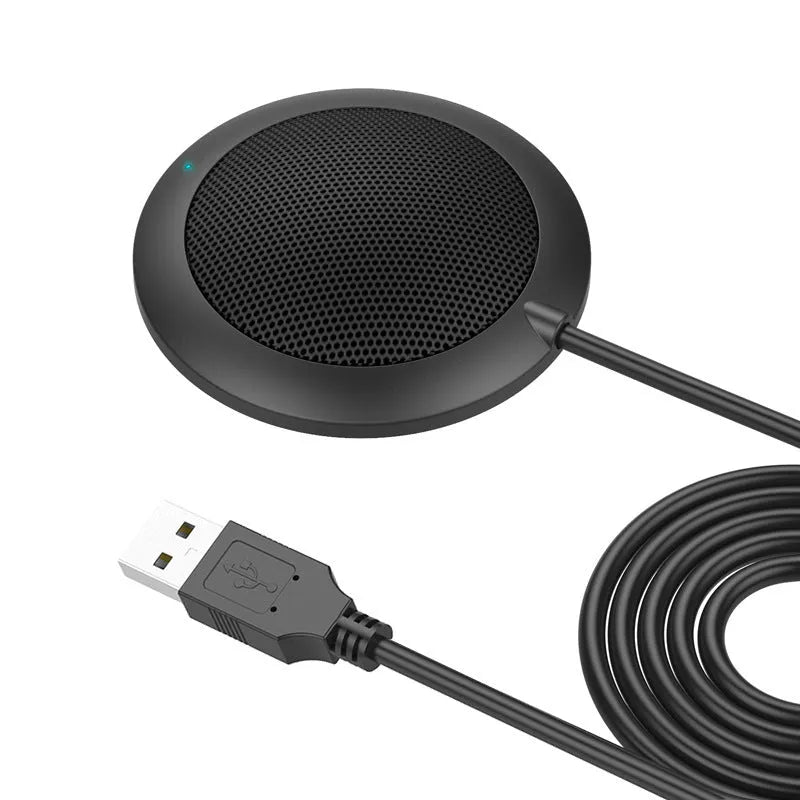360 degree omnidirectional USB microphone in black, zinc alloy shell with metal mesh cover, 70mm diameter