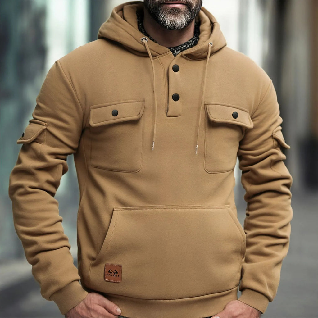 Men's solid colour multi-pocket pullover sweater with wool lining in black, front view, loose fit