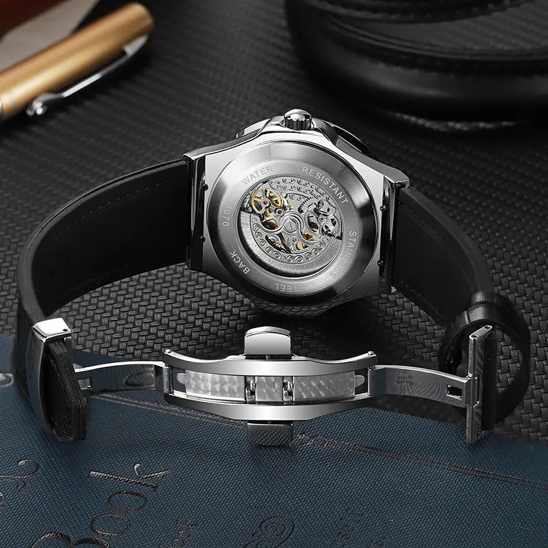 Men's automatic mechanical watch with hollow design and diamond studs, white shell case
