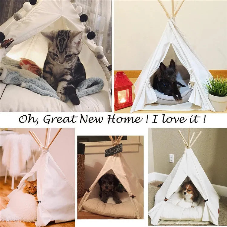 Wooden cat kennel with white canvas pad in medium size.