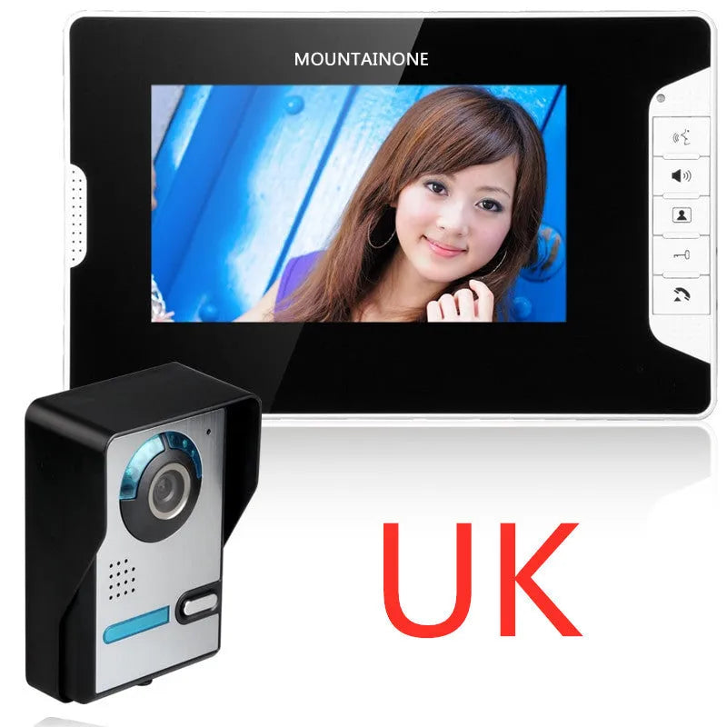 7-inch HD video door phone indoor monitor showing clear widescreen image with outdoor camera unit
