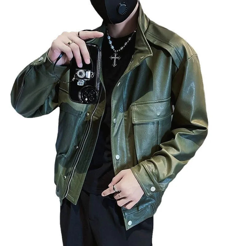 Men's black PU leather jacket with a straight hem and side pockets, Korean style.