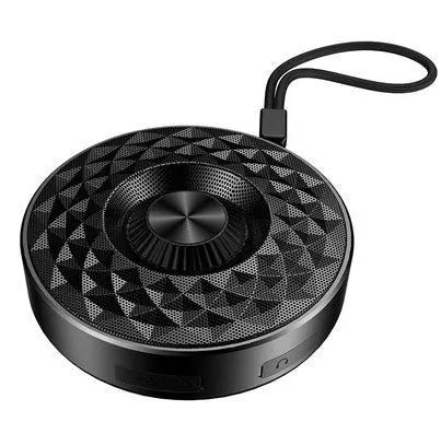 Compact wireless Bluetooth mini speaker in black, orange, or silvery white with a microphone.