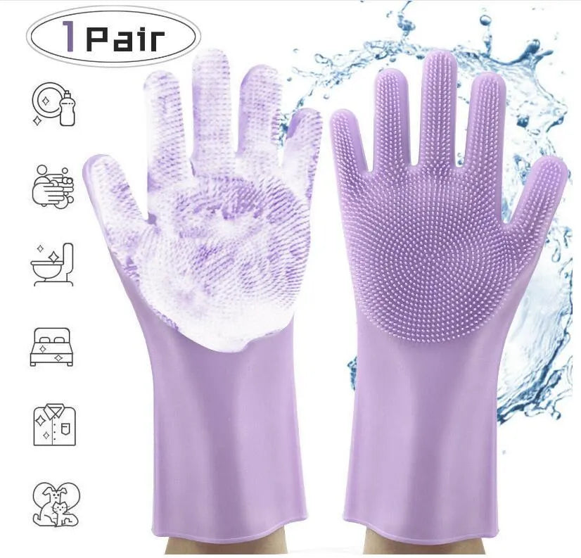 Silicone heat-resistant cleaning brush scrubbing gloves in blue, 357x165mm, on a kitchen counter